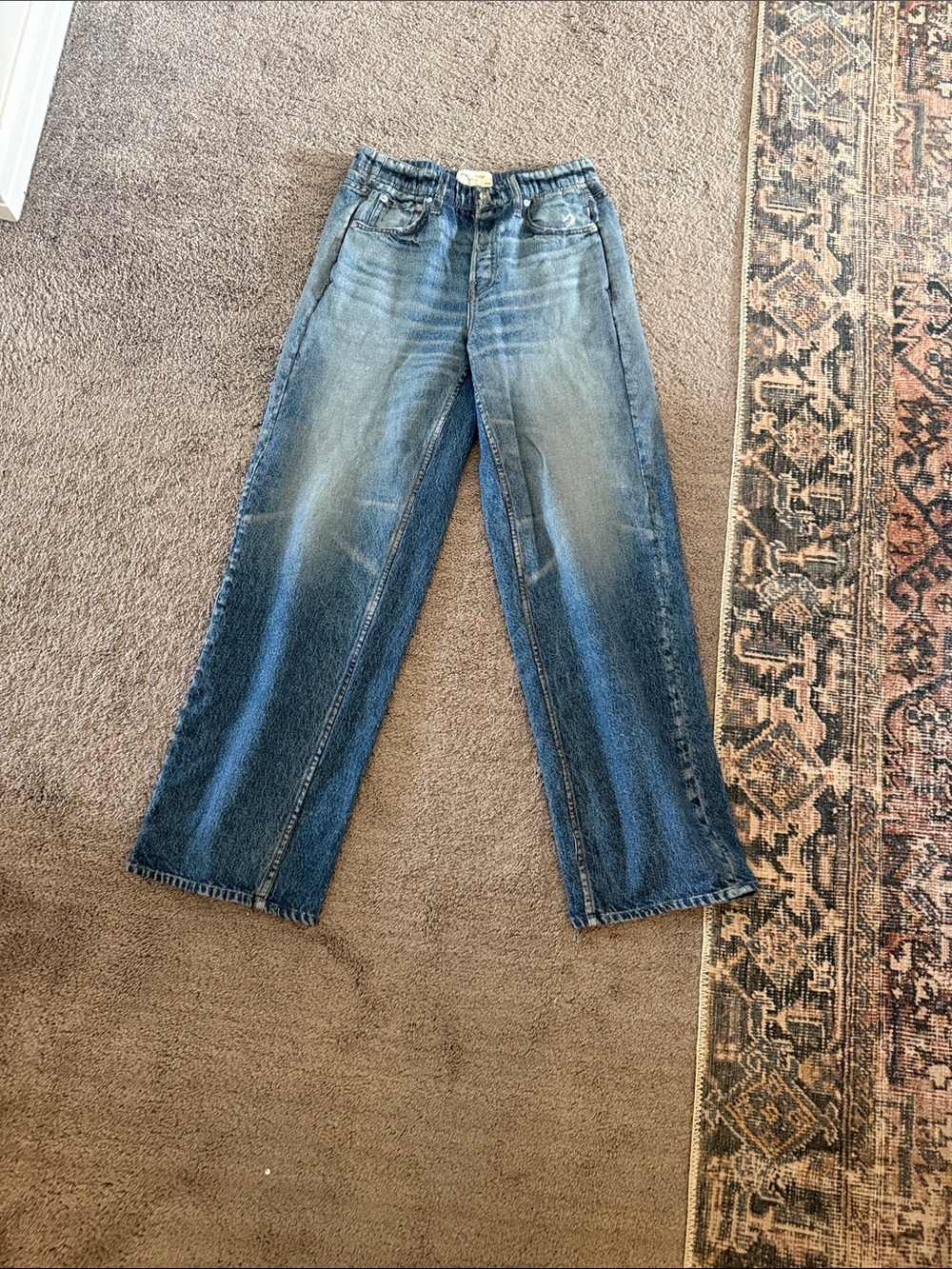 rag & bone Distressed Light-Mid Blue Wide Leg Jeans - Picture 1 of 2